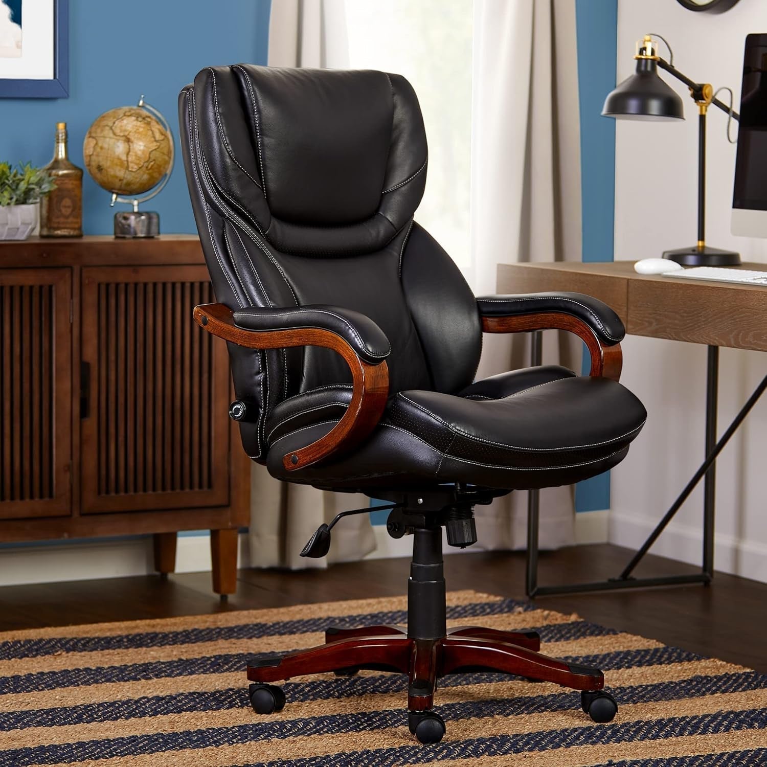 Big and Tall Executive Office Chair with Wood Accents, Adjustable High Back Ergonomic Computer Chair with Lumbar Support, Bonded Leather, Black-1