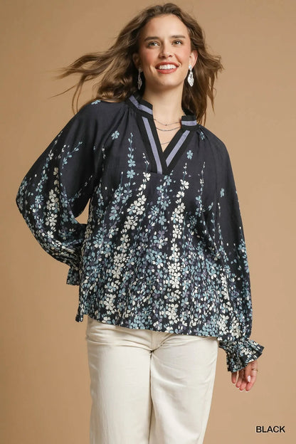 Umgee Full Size Floral Vine Print Blouse with Balloon Sleeves Plus Size