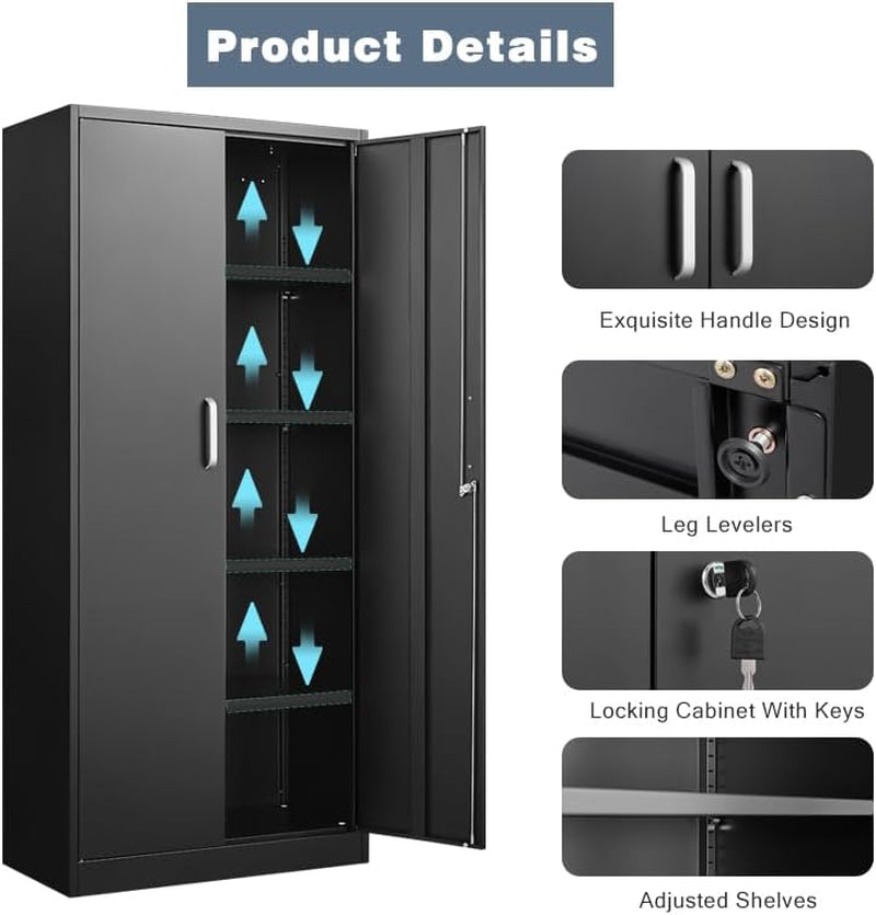 Black Metal Storage Cabinet Adjustable Shelves Locking-4
