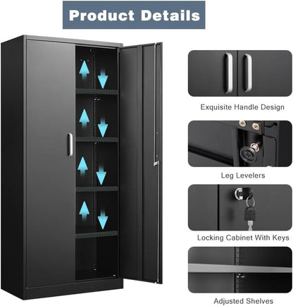 Black Metal Storage Cabinet Adjustable Shelves Locking-4