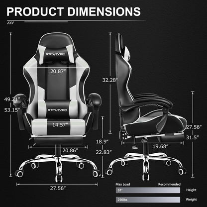 Gaming Chair, Computer Chair with Footrest and Lumbar Support, Height Adjustable Game Chair with 360°-Swivel Seat and Headrest and for Office or Gaming (White)-2