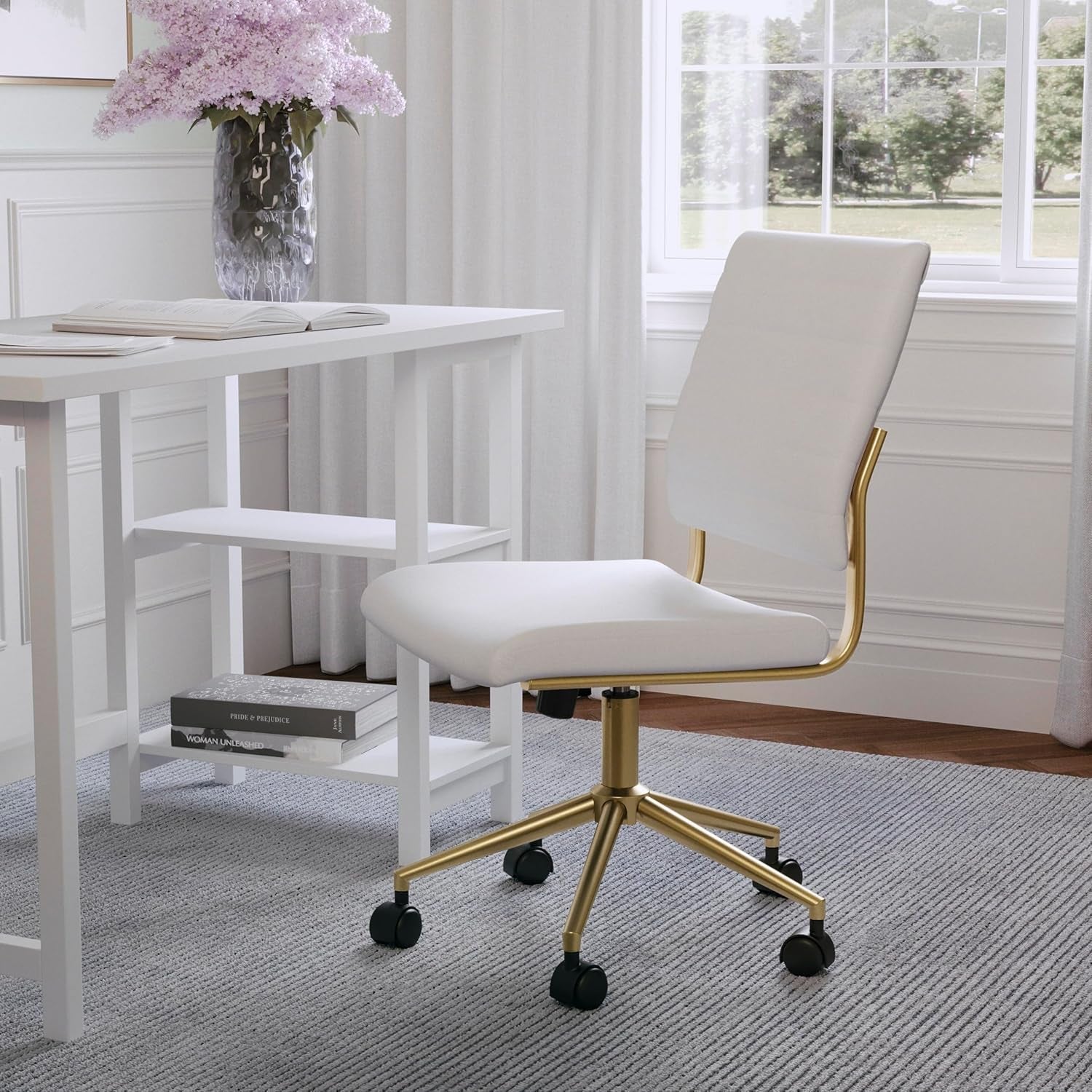 Ivy Armless Swivel Task Chair for Home Office in White Faux Leather with Polished Brass Frame-1
