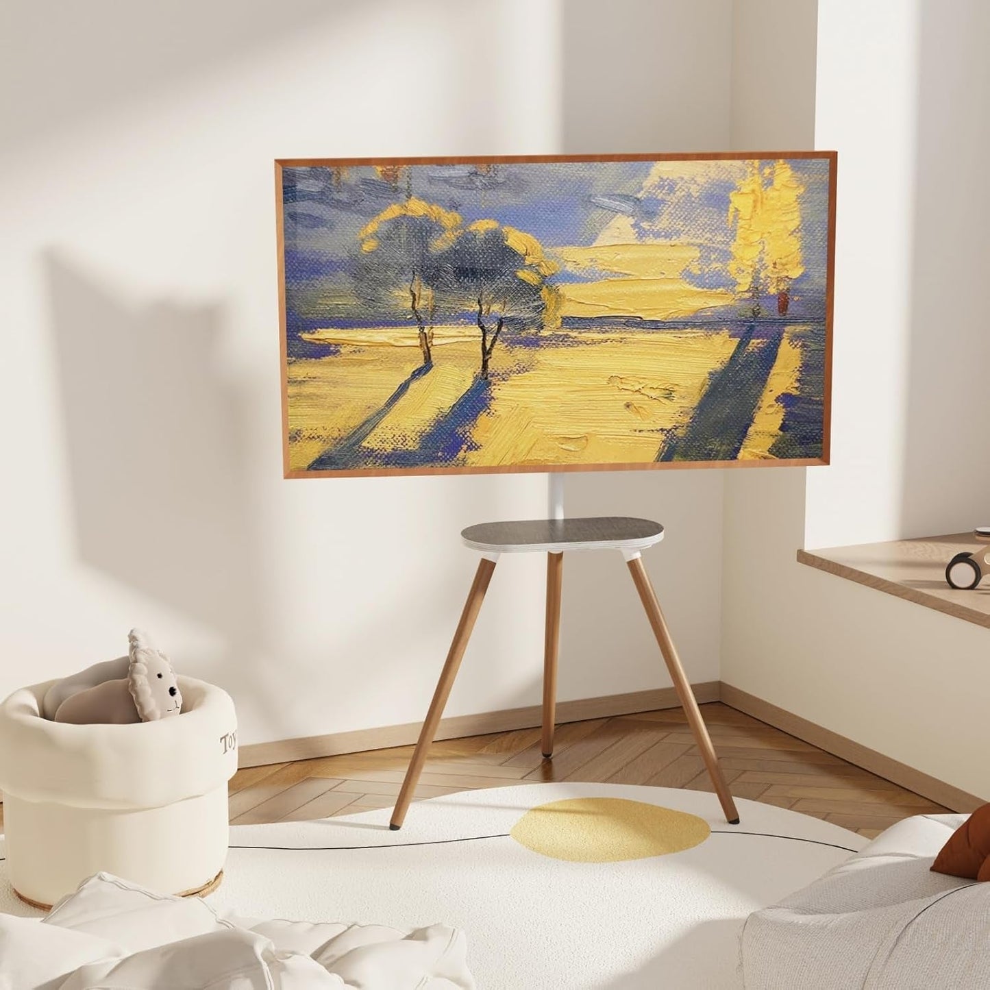 Tripod Easel TV Stand for 40 to 65 Inch LCD LED OLED Screen, Height Adjustable and Swievel Floor TV Stand, Corner TV Stand with Wooden Tray, VESA 400X400Mm, Minimalist White-1