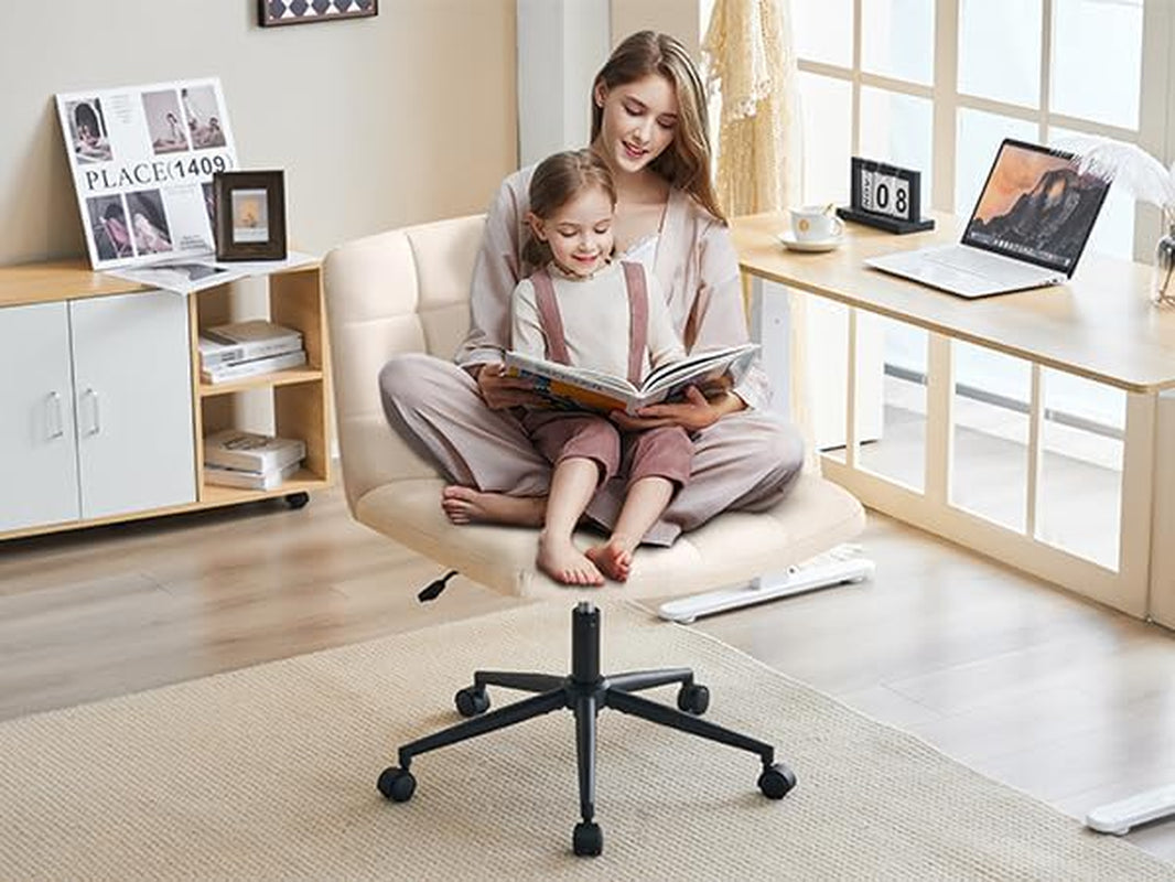 Swivel Criss Cross Legged Chair with Wheels for Home Office, Wide Armless Desk Chair Height Adjustable Comfy Seat for Desk,Vanity, Bedroom, Beige-3