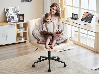 Swivel Criss Cross Legged Chair with Wheels for Home Office, Wide Armless Desk Chair Height Adjustable Comfy Seat for Desk,Vanity, Bedroom, Beige-3