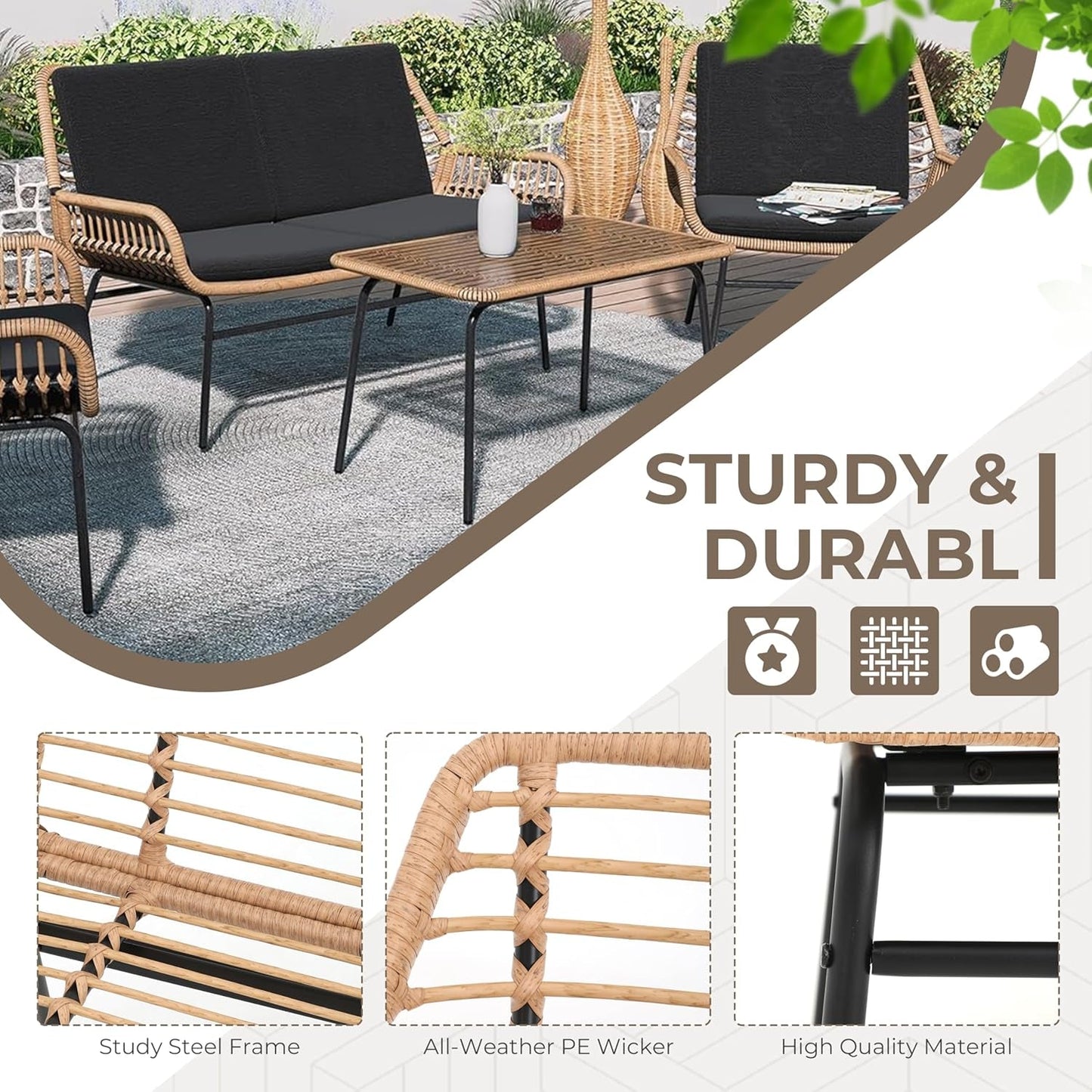 4 Piece Outdoor Patio Furniture Set, Rattan Conversation Sets, All-Weather Wicker Chairs with Cushions and Coffee Table, for Garden Balcony Courtyard Poolside-2