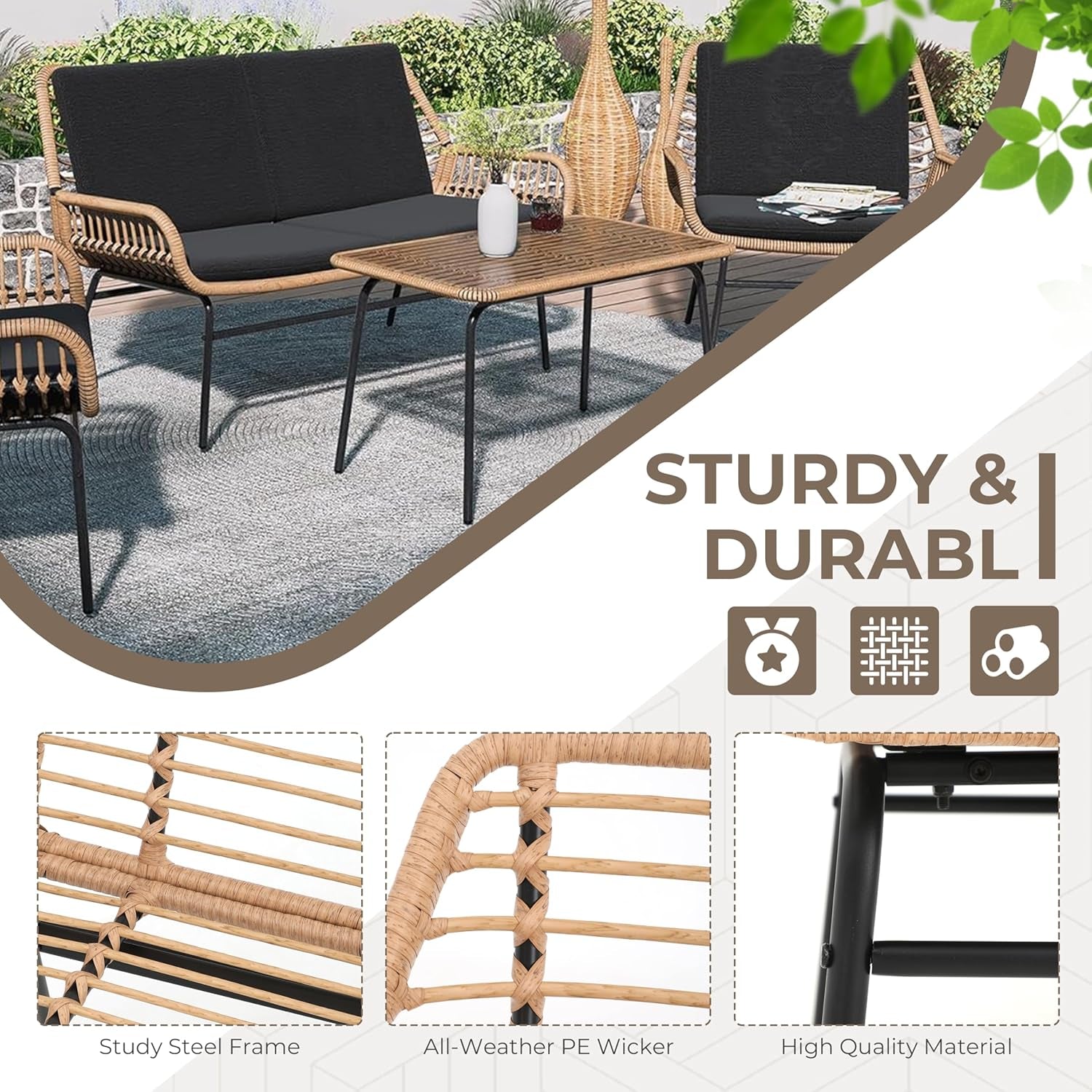 4 Piece Outdoor Patio Furniture Set, Rattan Conversation Sets, All-Weather Wicker Chairs with Cushions and Coffee Table, for Garden Balcony Courtyard Poolside-2