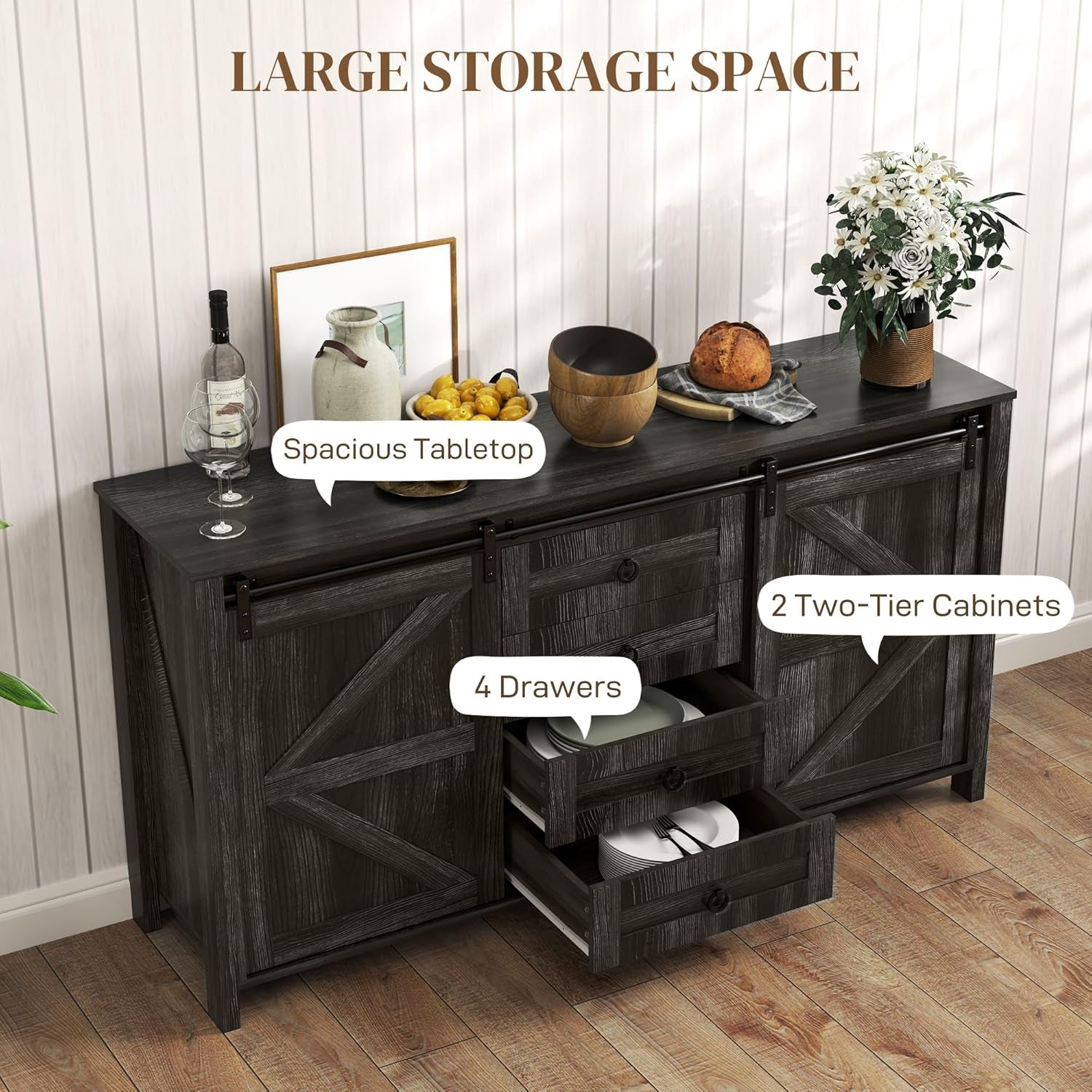 60 Inch Farmhouse Sideboard Buffet Cabinet Storage-4