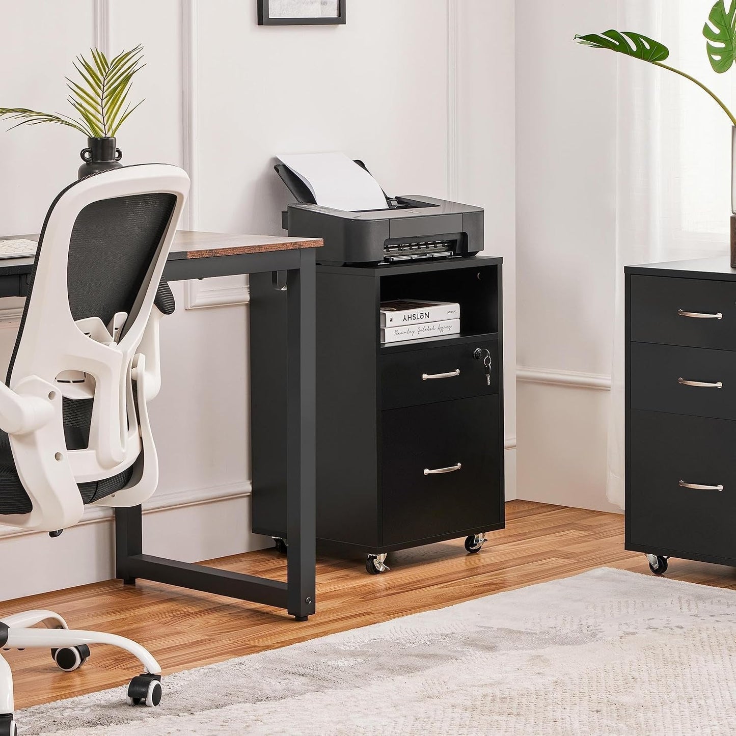 File Cabinet, under Desk Vertical Cabinet with 2 Drawers and Open Compartment, Printer Stand with Lockable Wheels for A4 Letter Size Hangable File Folders for Home Office(Black)-1