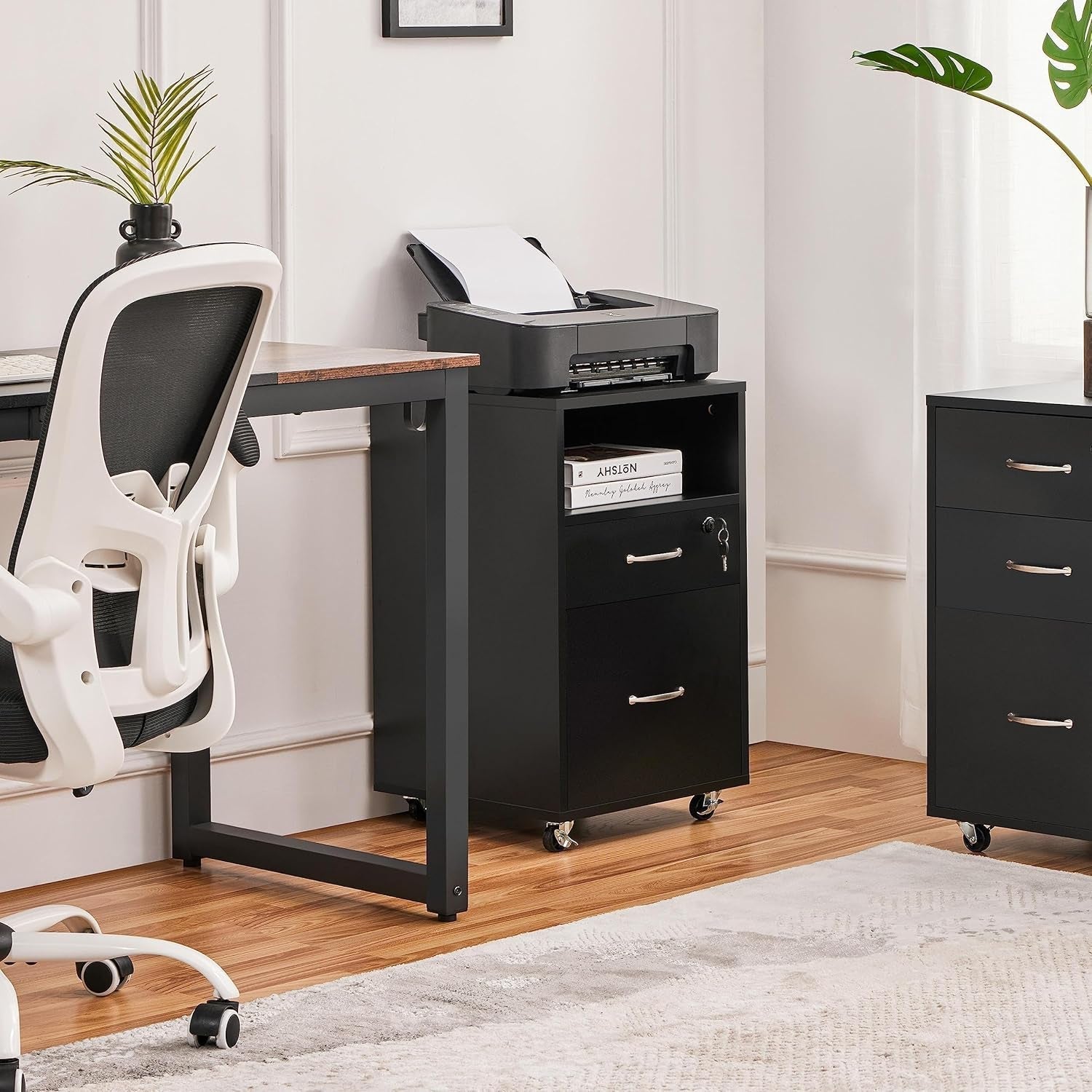 File Cabinet, under Desk Vertical Cabinet with 2 Drawers and Open Compartment, Printer Stand with Lockable Wheels for A4 Letter Size Hangable File Folders for Home Office(Black)-1