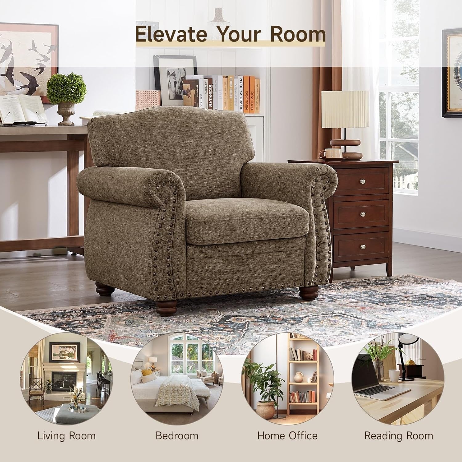 Brown Nailhead Trim Armchair For Living Room Decor Accent-4