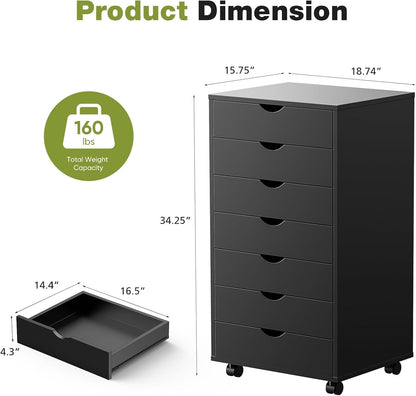 7 Drawer Chest Mobile Storage Cabinets Wooden Dresser with Wheels Room Organization Furniture for Office Home, Black Wood-2
