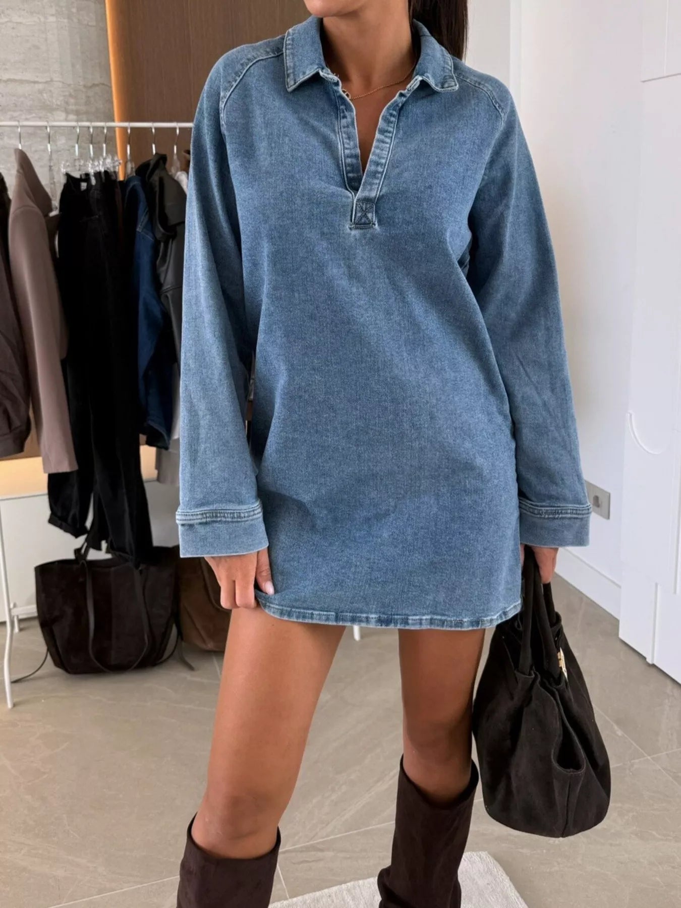 Collared Neck Long Sleeve Denim Dress
