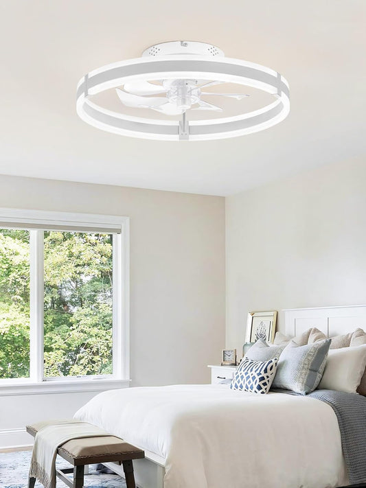 Ceiling Fans with Lights and Remote, 19.7'' Low Profile Ceiling Fans, 3000-6000K Dimmable Modern Flush Mount LED Fan Light, 6 Wind Speeds, White Fandelier Ceiling Fans with Lights for Bedroom-0
