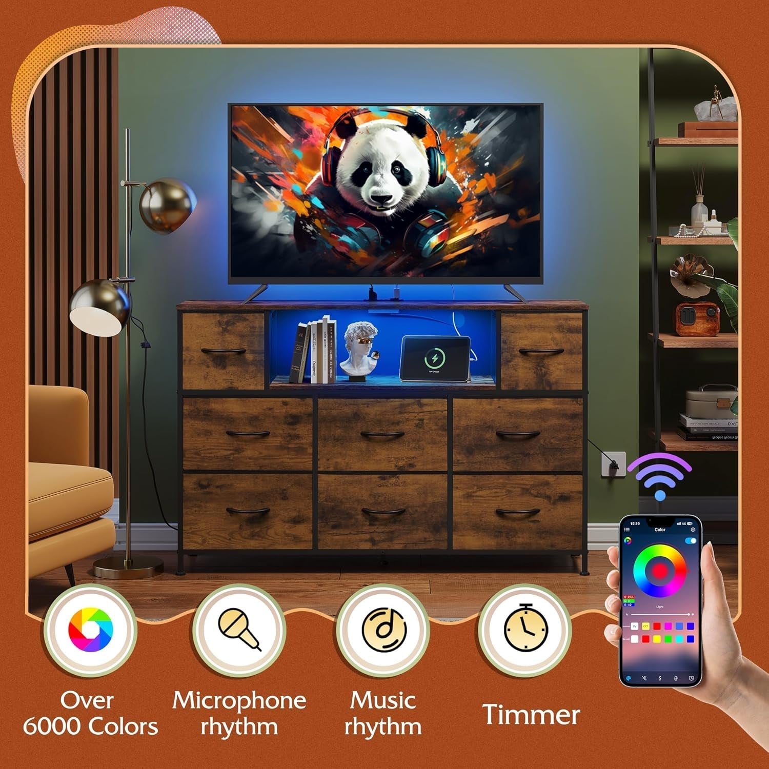 Dresser for Bedroom, TV Stand for Bedroom for 55 Inch TV with Charging Station and LED Lights, Fabric Chest of Drawers with Open Shelves, 8 Drawers Dressers for Living Room, Closet-4