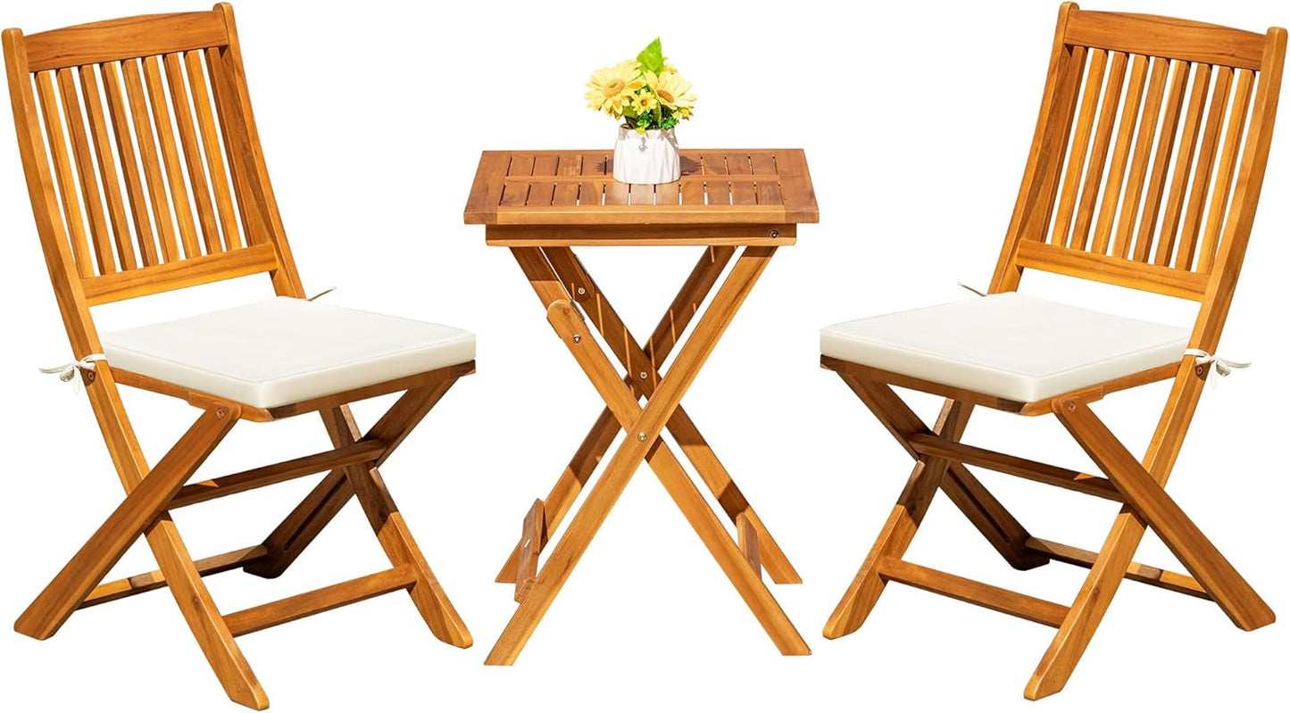 3 Piece Patio Folding Furniture Bistro Set with 2 Cushions for Pool Beach Backyard Balcony Porch Deck Garden, Acacia Wood-0
