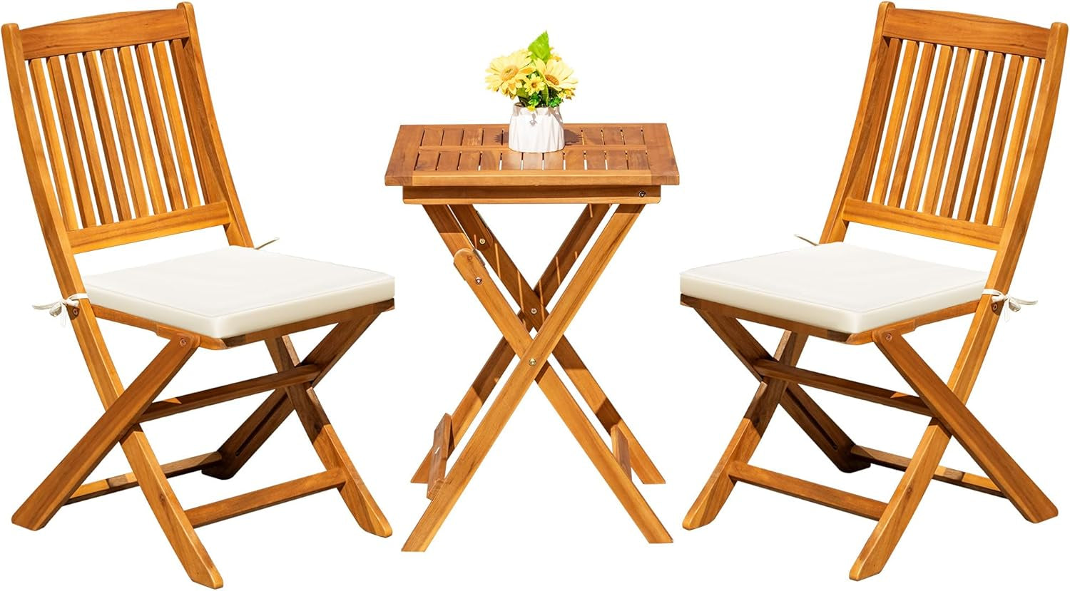 3 Piece Patio Folding Furniture Bistro Set with 2 Cushions for Pool Beach Backyard Balcony Porch Deck Garden, Acacia Wood-0
