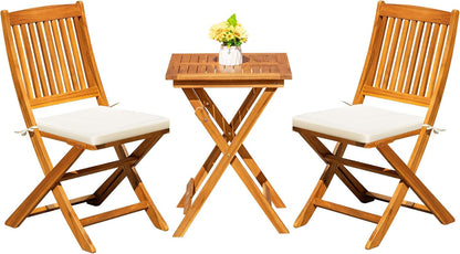 3 Piece Patio Folding Furniture Bistro Set with 2 Cushions for Pool Beach Backyard Balcony Porch Deck Garden, Acacia Wood-0