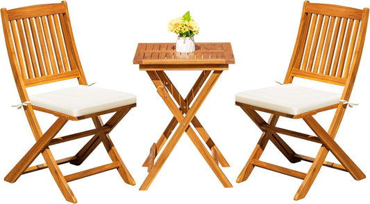 3 Piece Patio Folding Furniture Bistro Set with 2 Cushions for Pool Beach Backyard Balcony Porch Deck Garden, Acacia Wood-0