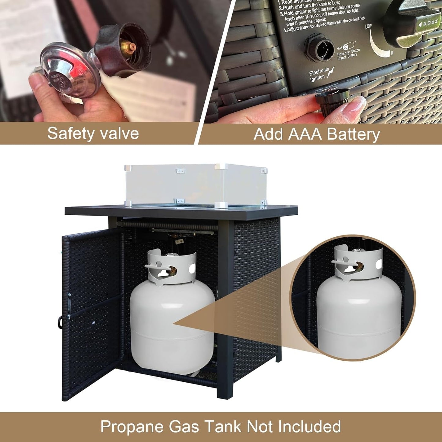 8-Piece Patio Set Furniture Rattan Wicker Outdoor Sectional Sofa with 28" Gas Fire Pit Set and Cushions, Conversation Set for Backyard, Patio, Garden, Brown/Peacock Blue-3