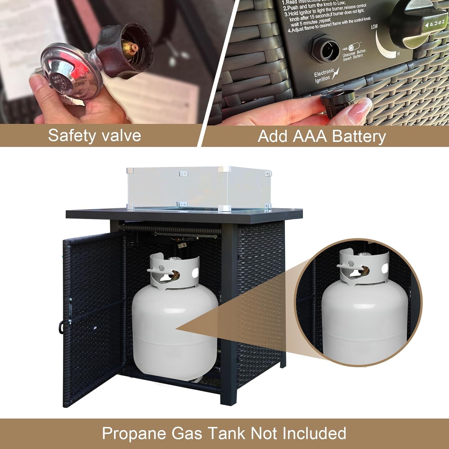 8-Piece Patio Set Furniture Rattan Wicker Outdoor Sectional Sofa with 28" Gas Fire Pit Set and Cushions, Conversation Set for Backyard, Patio, Garden, Brown/Peacock Blue-3