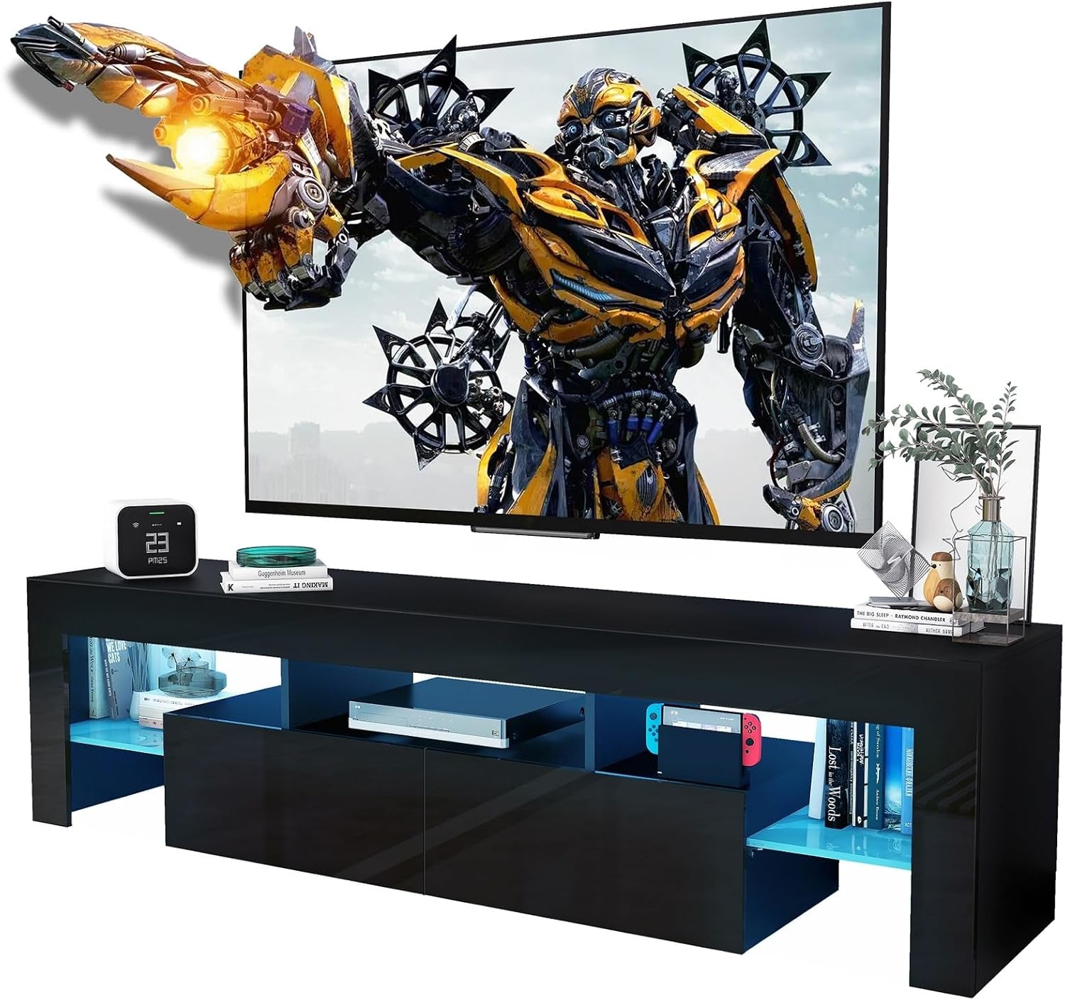 Black TV Stand, 60 65 70 75 Inch Wood TV Stand, High Glossy Entertainment Center with Large Drawers＆Glass Display Shelf, LED Modern Media Gaming Cabinet TV Console for Livingroom, Bedroom-0