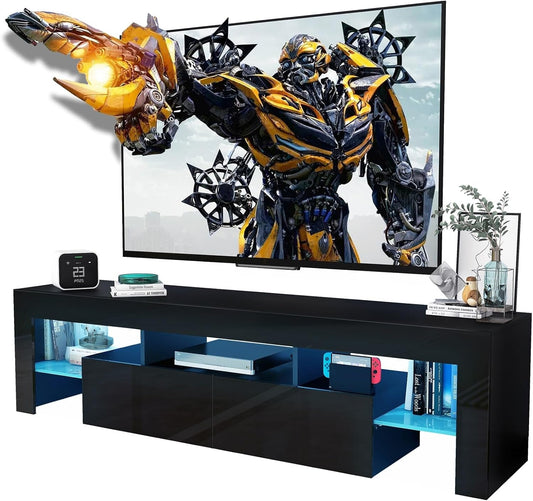 Black TV Stand, 60 65 70 75 Inch Wood TV Stand, High Glossy Entertainment Center with Large Drawers＆Glass Display Shelf, LED Modern Media Gaming Cabinet TV Console for Livingroom, Bedroom-0