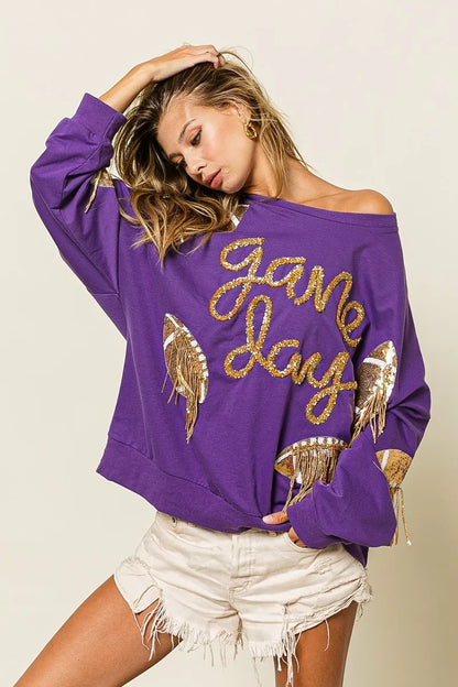 BiBi Sequin Football Patches Game Day Sweatshirt