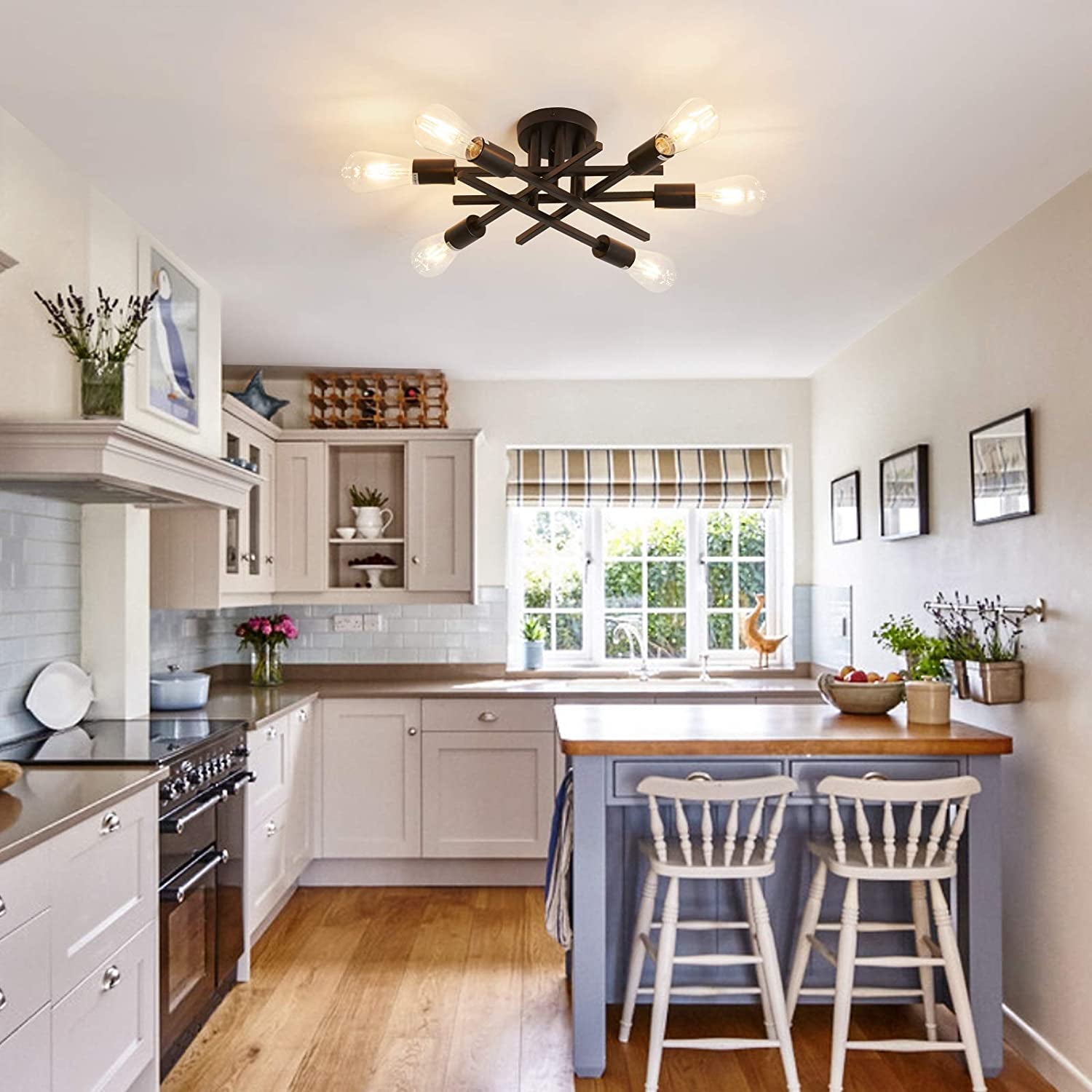 Semi Flush Mount Modern Ceiling Light Fixture， 6 Lights Black Vintage Matte Sputnik Chandelier Ceiling Lamp with E26 Bulb Base for Farmhouse Dining Room Living Room Bedroom Study Kitchen-0