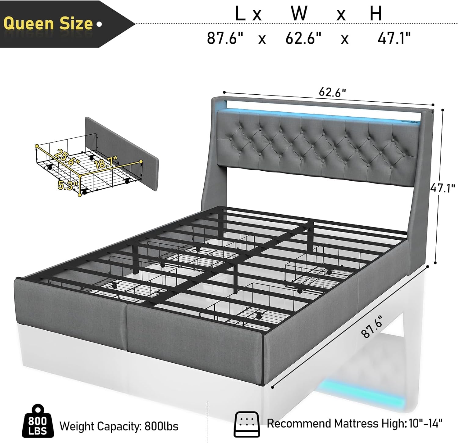 Queen Bed Frame with Storage Headboard and 4 Drawer, Metal Platform Bed Frame Queen Size with LED Light, Charging Station, No Box Spring Needed, Noise Free, Easy Assembly, Grey-1