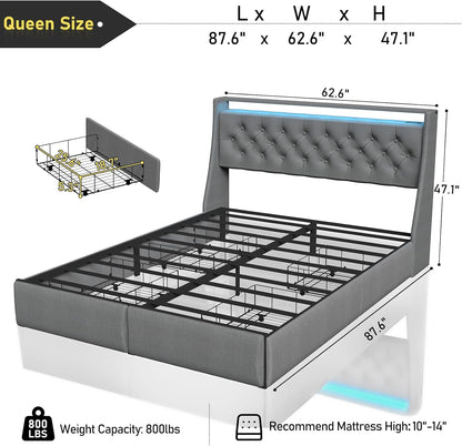 Queen Bed Frame with Storage Headboard and 4 Drawer, Metal Platform Bed Frame Queen Size with LED Light, Charging Station, No Box Spring Needed, Noise Free, Easy Assembly, Grey-1