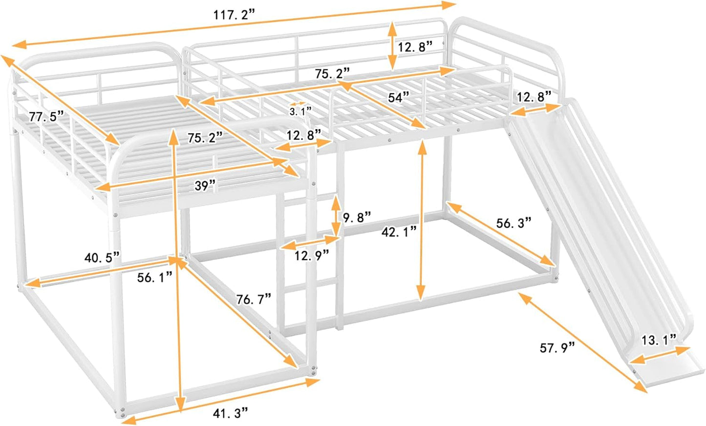 L-Shape Bunk Beds with Slide, Quad Bunk Bed for 4, Metal Twin Size Bunk Bed Attached with Full Size Bunk Bed Frame, Modern Corner Bunked for Multi-Kids Boys Girls Teens (White)-1