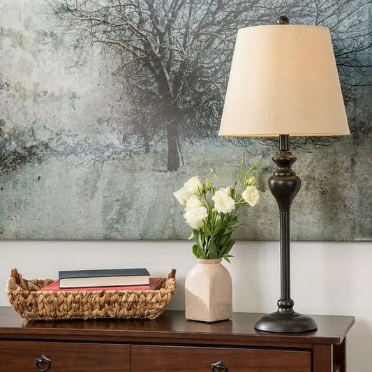 3-Piece Floor Lamp and Table Desk Lamp Set in Black with Light Gold Drum Shades - Lamp Set