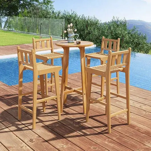 30 Inch Teak Wood Bar Chair with Footrest and Backrest for Deck Poolside Garden - Color:Natural - Patio Bar Furniture