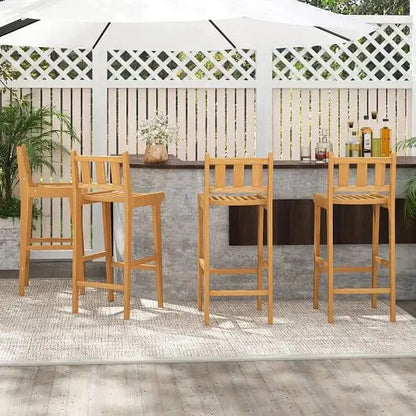 30 Inch Teak Wood Bar Chair with Footrest and Backrest for Deck Poolside Garden - Color:Natural - Patio Bar Furniture
