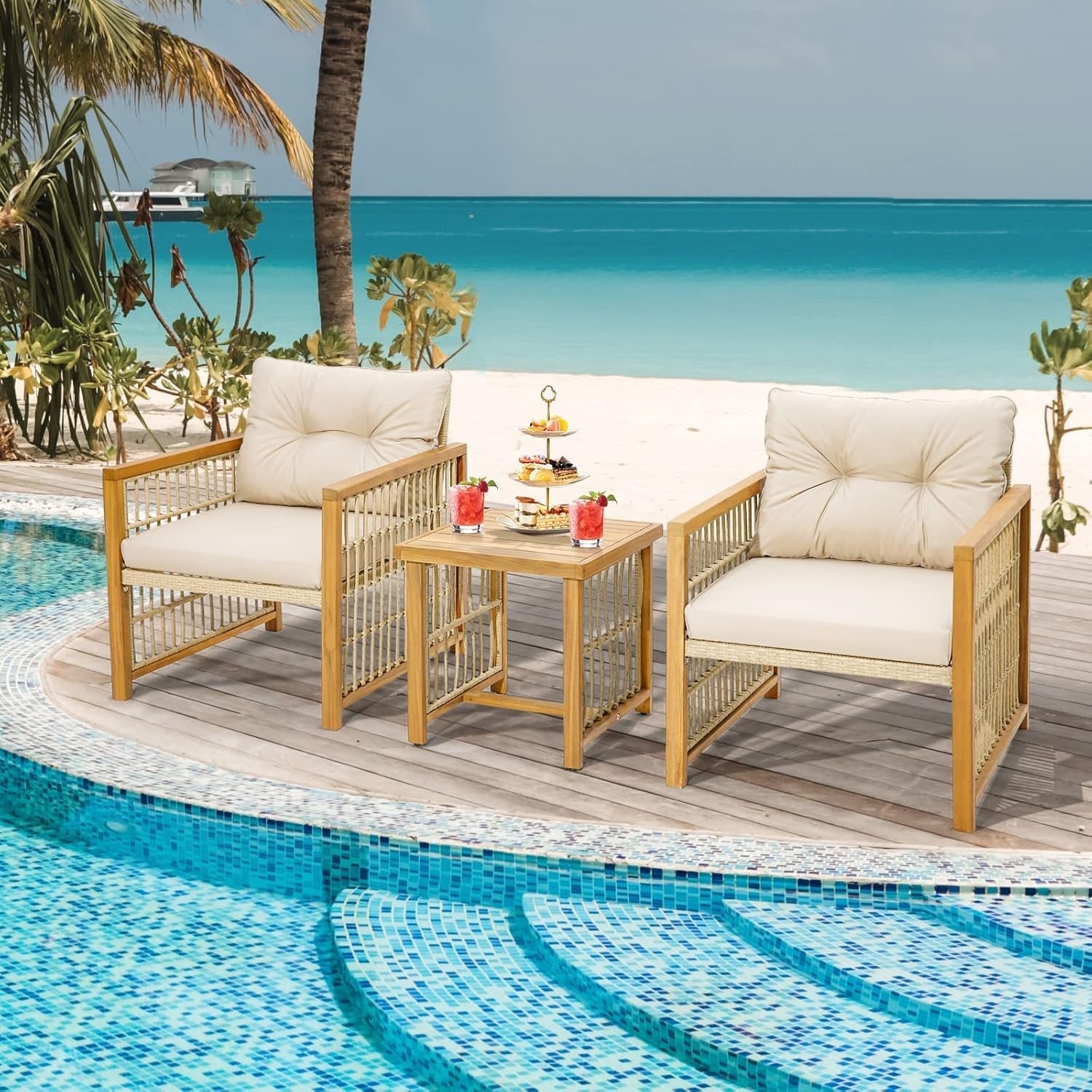 3 Pieces Acacia Wood Patio Furniture Set, PE Wicker Bistro Set with Cushioned Chairs and Coffee Table, Outdoor Conversation Set for Porch, Deck, Balcony, Backyard (Beige)-3