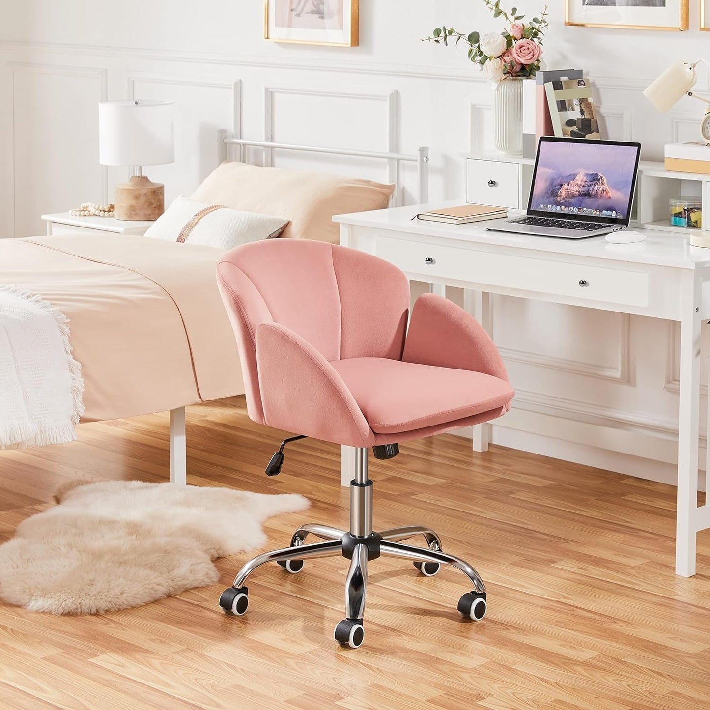 Pink Desk Chair Cute Velvet Chair for Home Office, Vanity Chair with Wheels Armrests Modern Swivel Rolling Chair for Bedroom-1