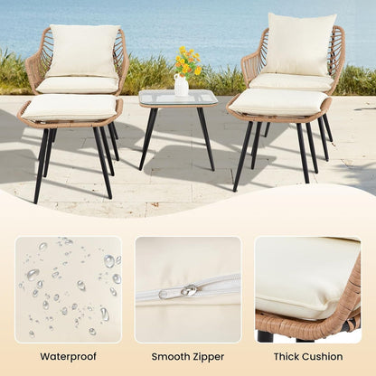 5 Pieces Patio Conversation Bistro Set, Outdoor Wicker with Ottoman,Table & Cushions,All-Weather Wicker Furniture Set for Porch, Backyard, Balcony, Garden-3