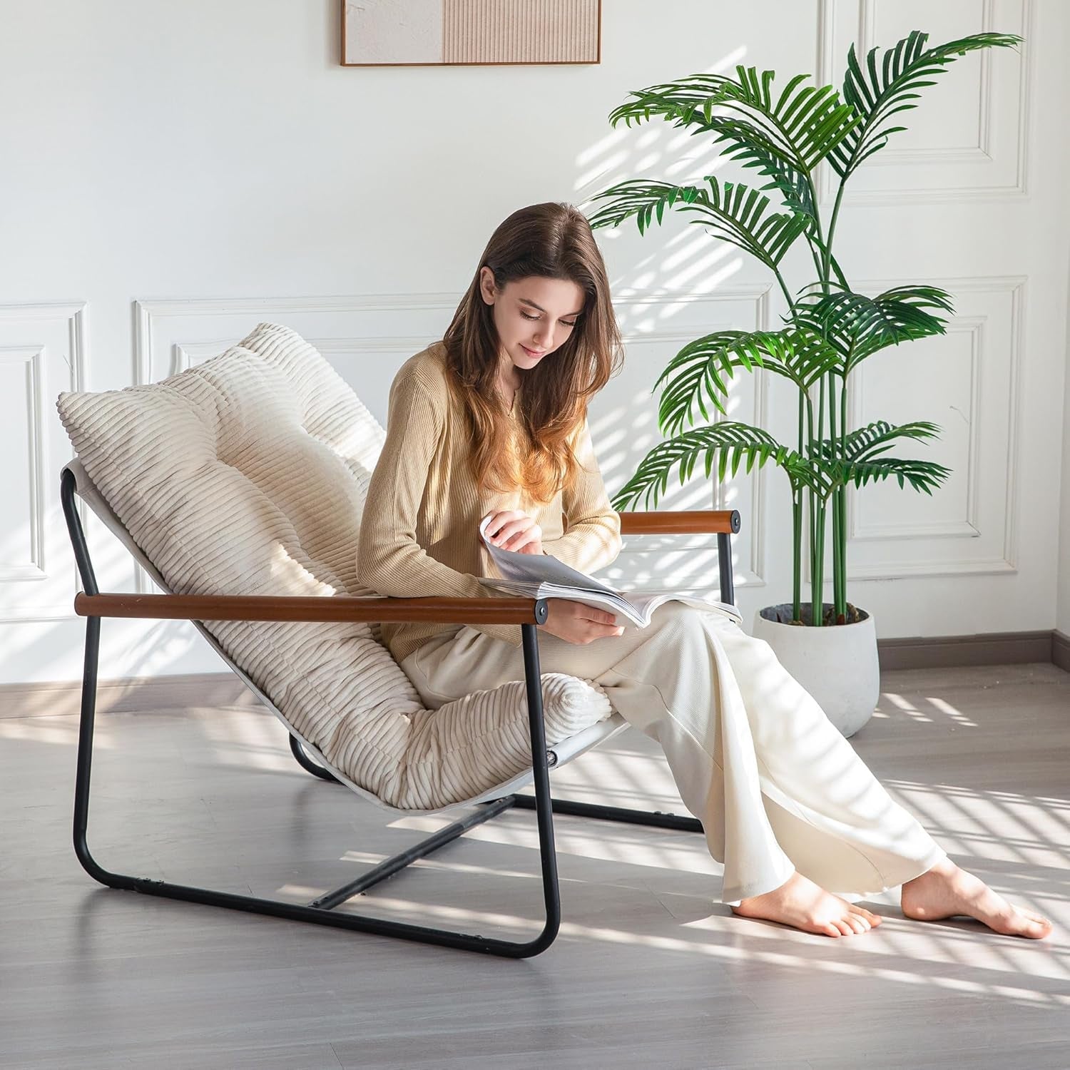 Beige Upholstered Contemporary Accent Chair With Armrests-2