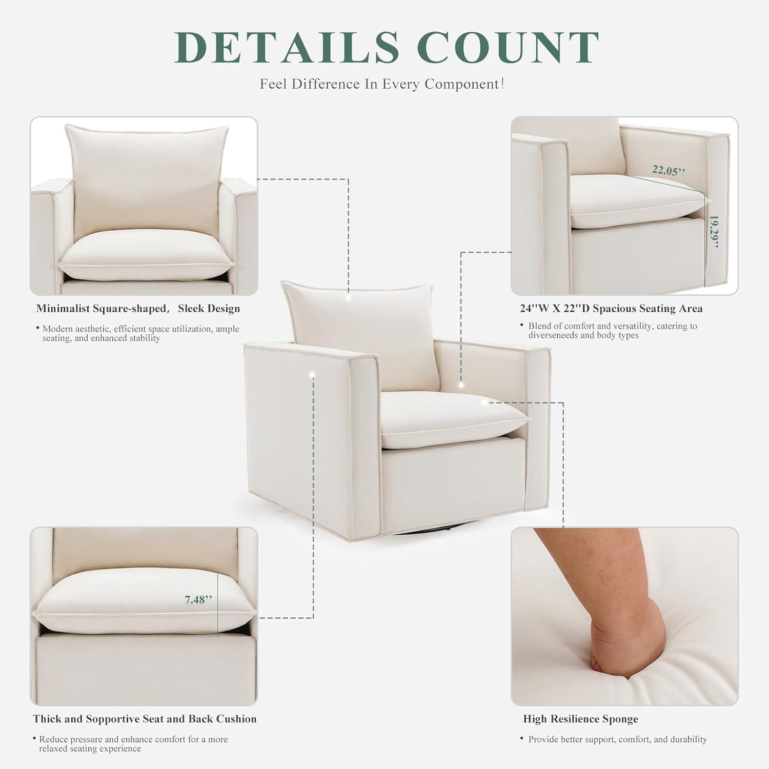 Swivel Accent Chair Set of 2 Beige Upholstered Chairs-2