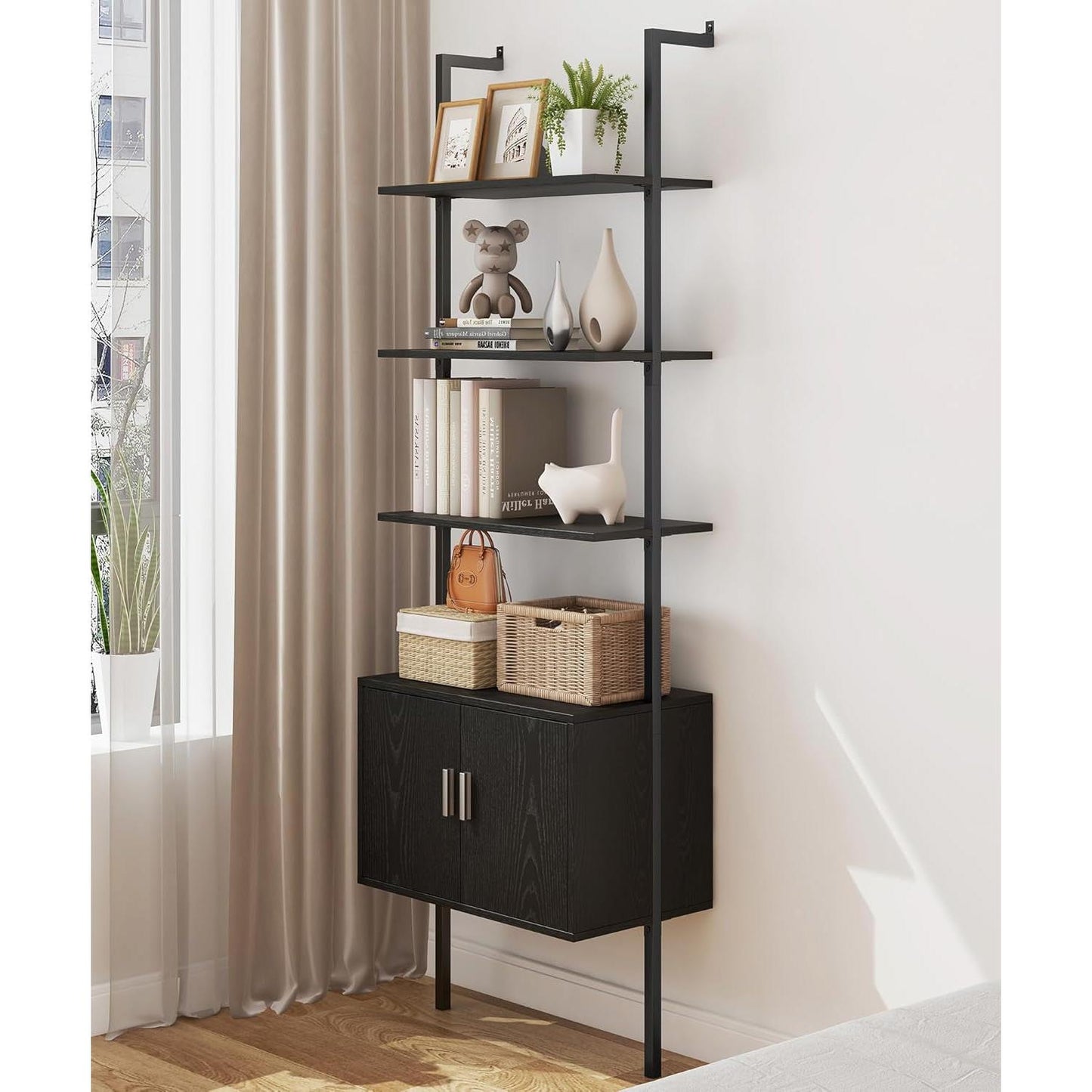 73" Tall Bookshelf with Cabinet, Industrial Ladder Wall Mount Shelf Bookcase with Wood and Metal Frame, Plant Shelf Wall Storage Display for Living Room Bedroom, Black Wood Grain-0