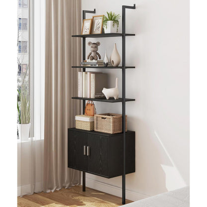 73" Tall Bookshelf with Cabinet, Industrial Ladder Wall Mount Shelf Bookcase with Wood and Metal Frame, Plant Shelf Wall Storage Display for Living Room Bedroom, Black Wood Grain-0
