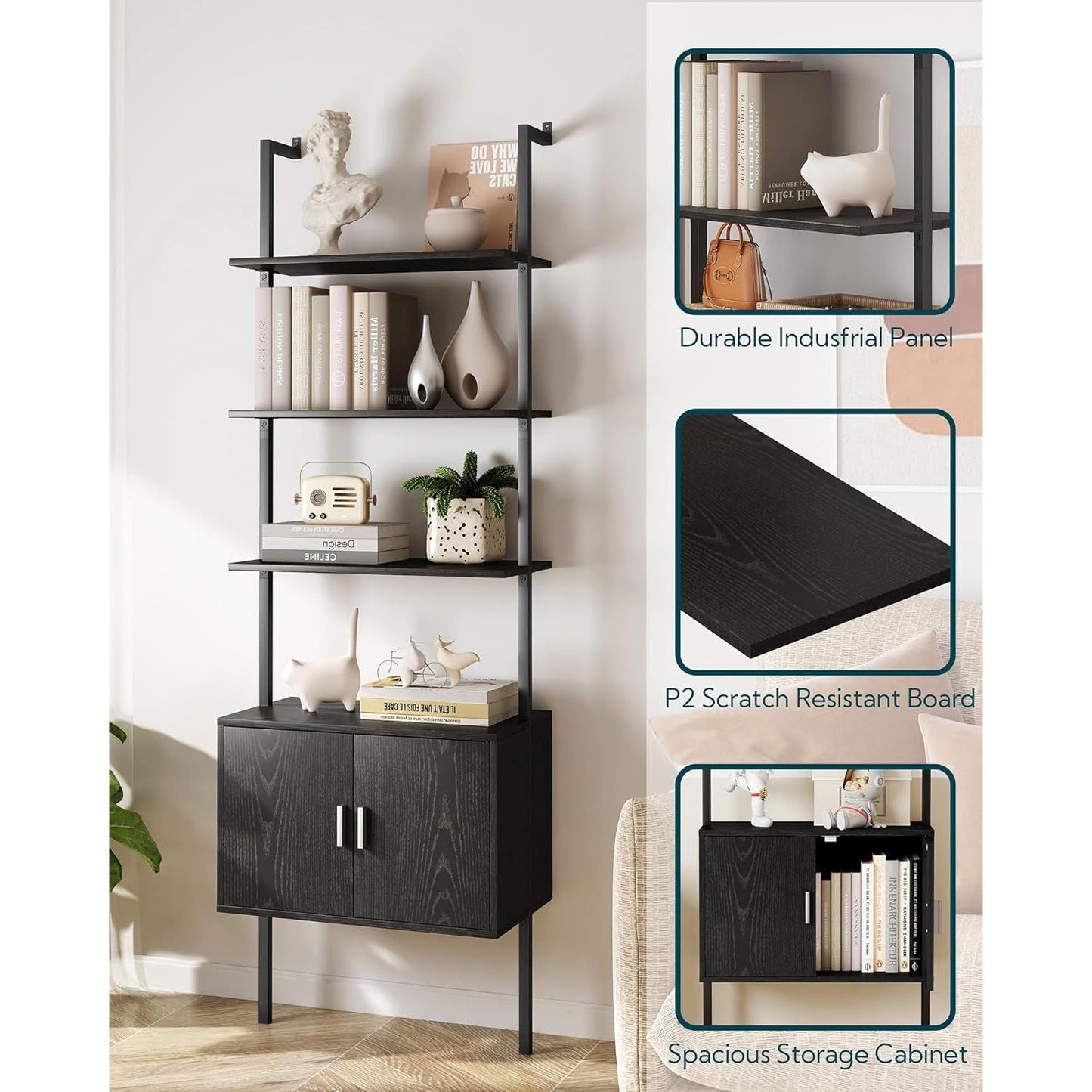 73" Tall Bookshelf with Cabinet, Industrial Ladder Wall Mount Shelf Bookcase with Wood and Metal Frame, Plant Shelf Wall Storage Display for Living Room Bedroom, Black Wood Grain-3