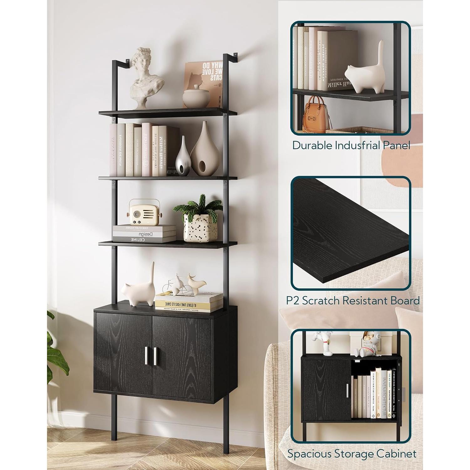 73" Tall Bookshelf with Cabinet, Industrial Ladder Wall Mount Shelf Bookcase with Wood and Metal Frame, Plant Shelf Wall Storage Display for Living Room Bedroom, Black Wood Grain-3