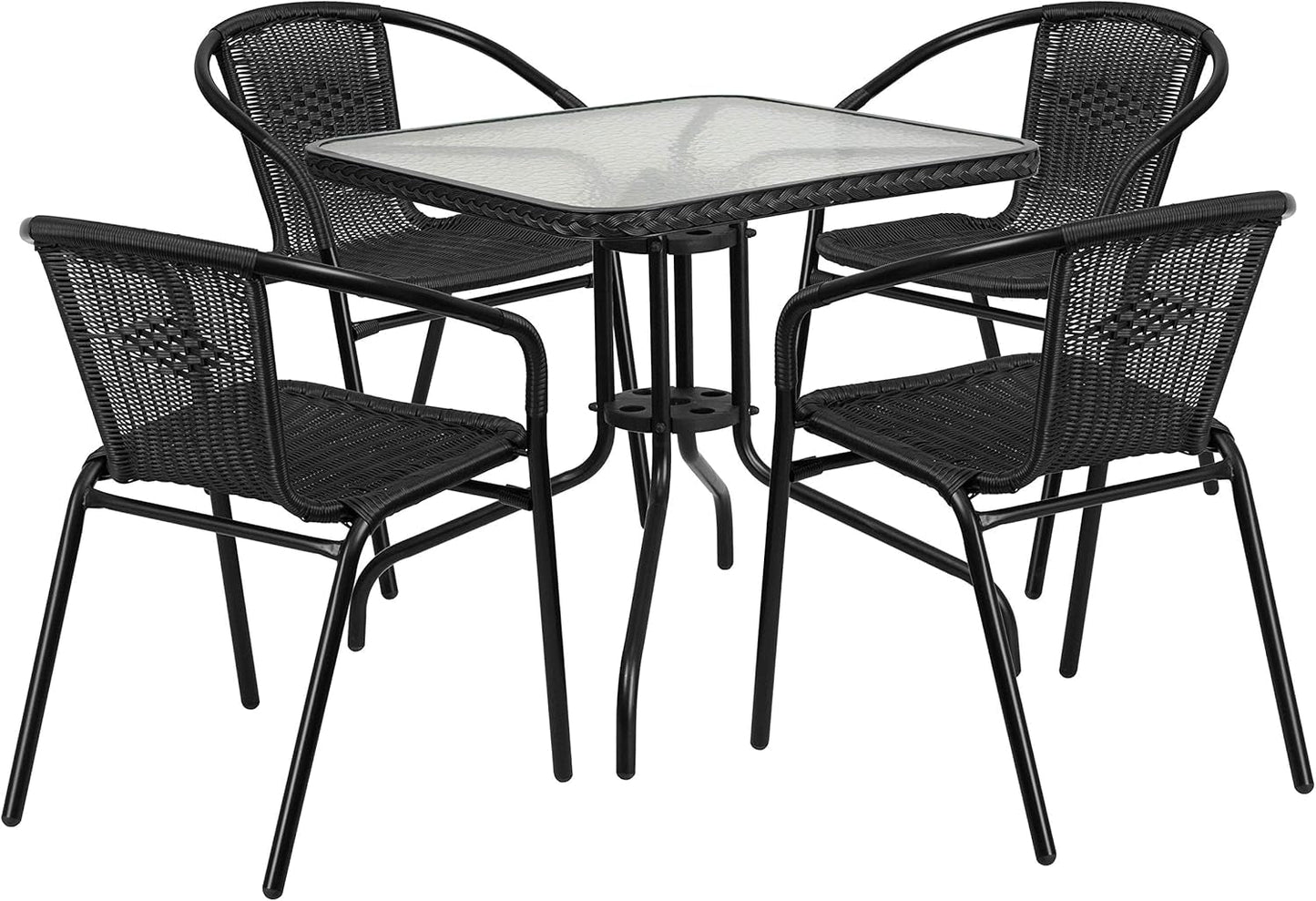 5-Piece 28" Square Indoor/Outdoor Patio Table and Chairs Set, Dining Set with Glass Metal Bistro Table, 4 Stack Rattan Chairs, Black-0