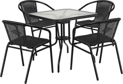 5-Piece 28" Square Indoor/Outdoor Patio Table and Chairs Set, Dining Set with Glass Metal Bistro Table, 4 Stack Rattan Chairs, Black-0