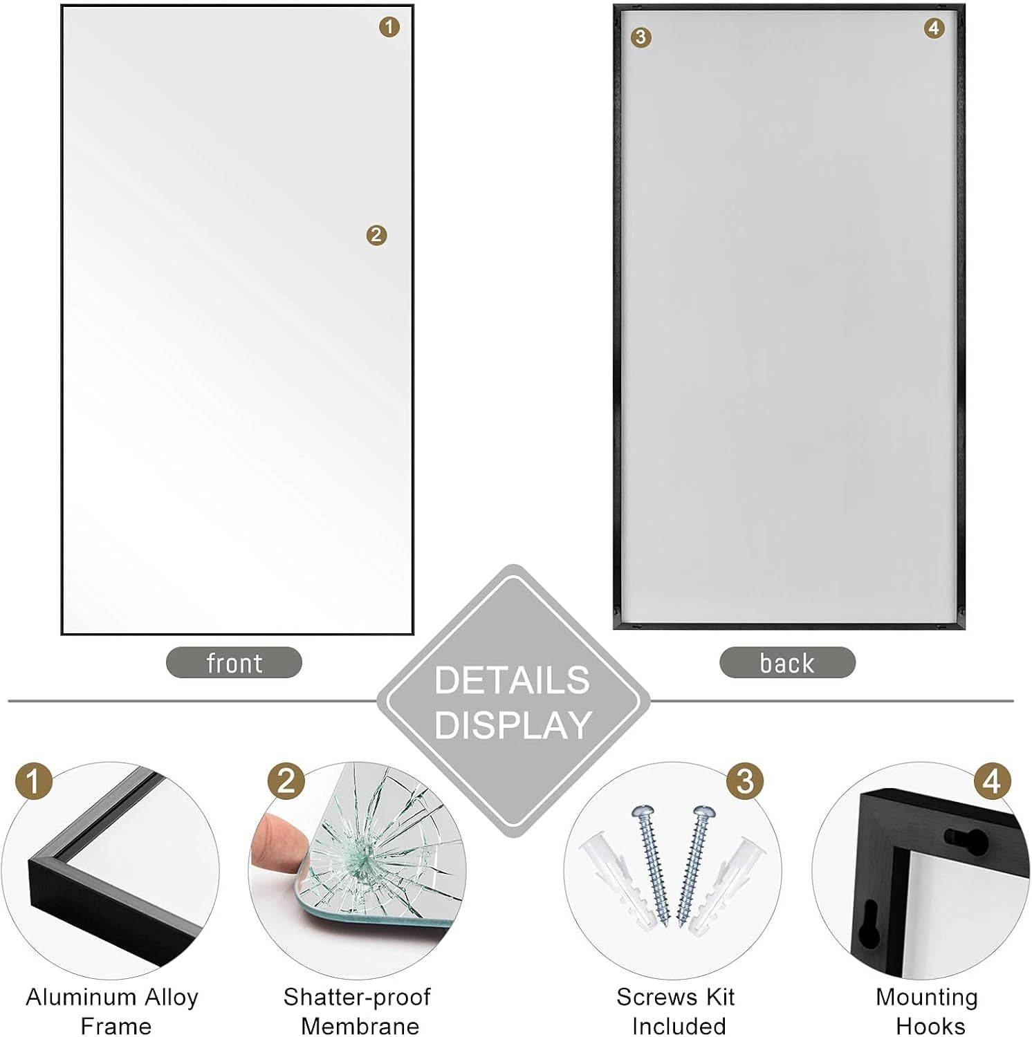 71"X32" Large Full Length Mirror Aluminum Alloy Frame Floor Mirror Wall-Mounted Mirror for Living Room, Bedroom, Hanging or Leaning against Wall, Black (No Stand)-3