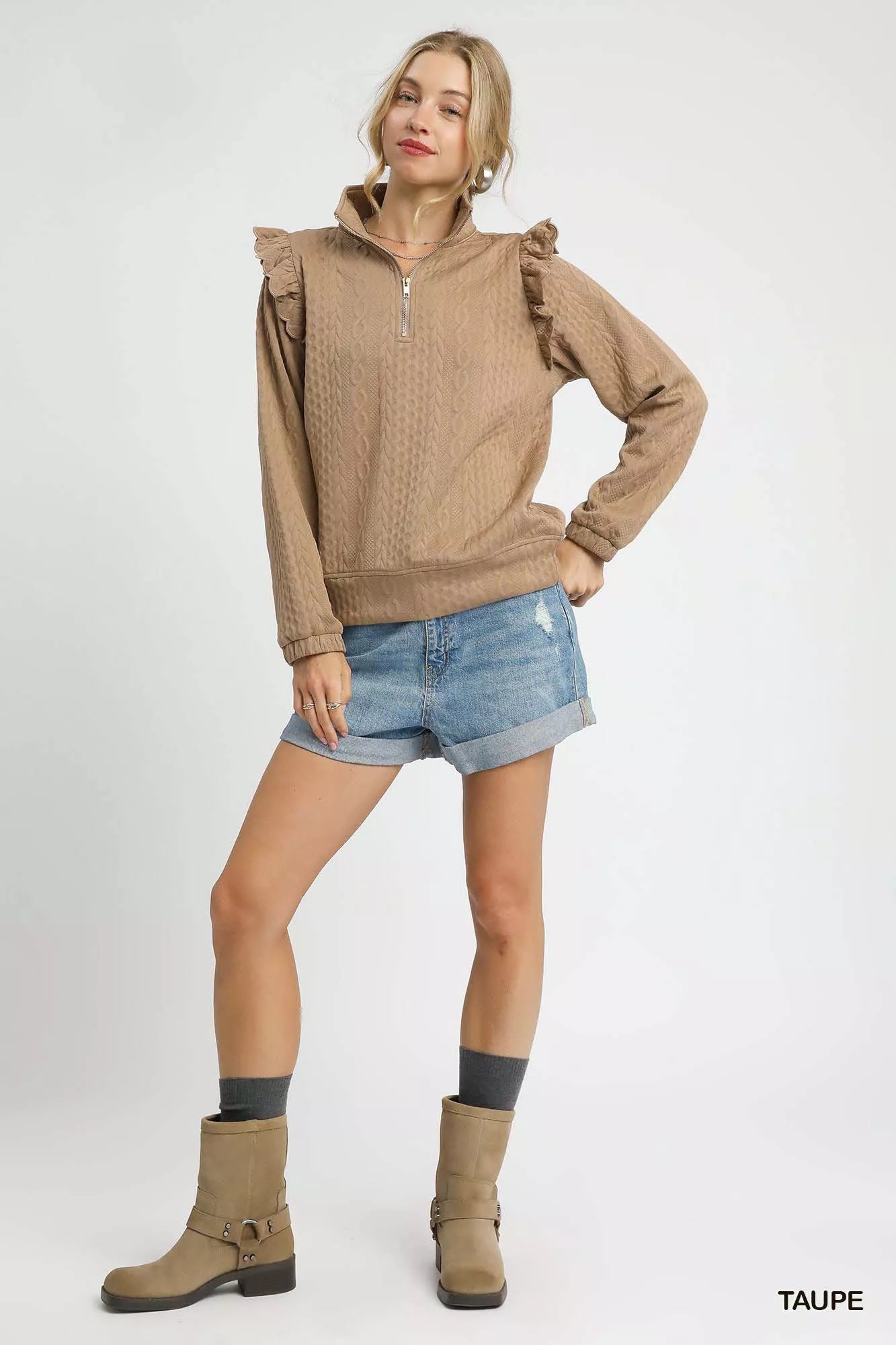 Umgee Cable Knit Textured Pullover with Ruffle Shoulders