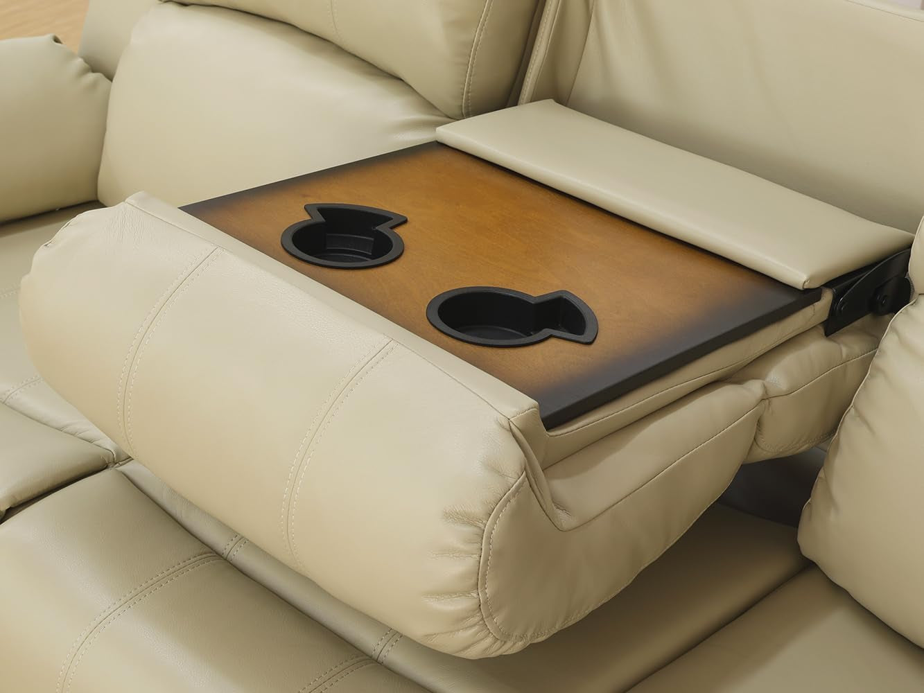 Manual Reclining Sofa Modern Recliner Sofa Couch 3 Seater Leather Reclining Sofa Living Room Furniture Couch with Cup Holders & Flip-Down Table for Home/Office/Rv Car (Beige, 3 Seater Sofa)-2