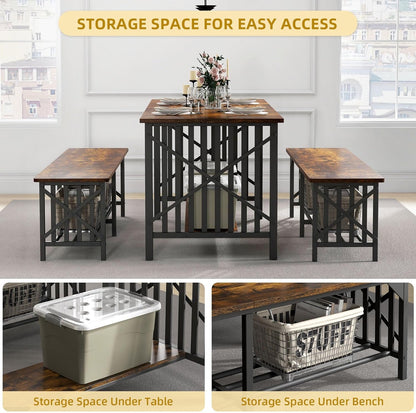 3-Piece Dining Table Set for 4-6 People, 63" Dining Room Table with 2 Benches, Industrial Rectangular Dining Room Table Set with Storage for Kitchen, Dining Room, Rustic Brown-3